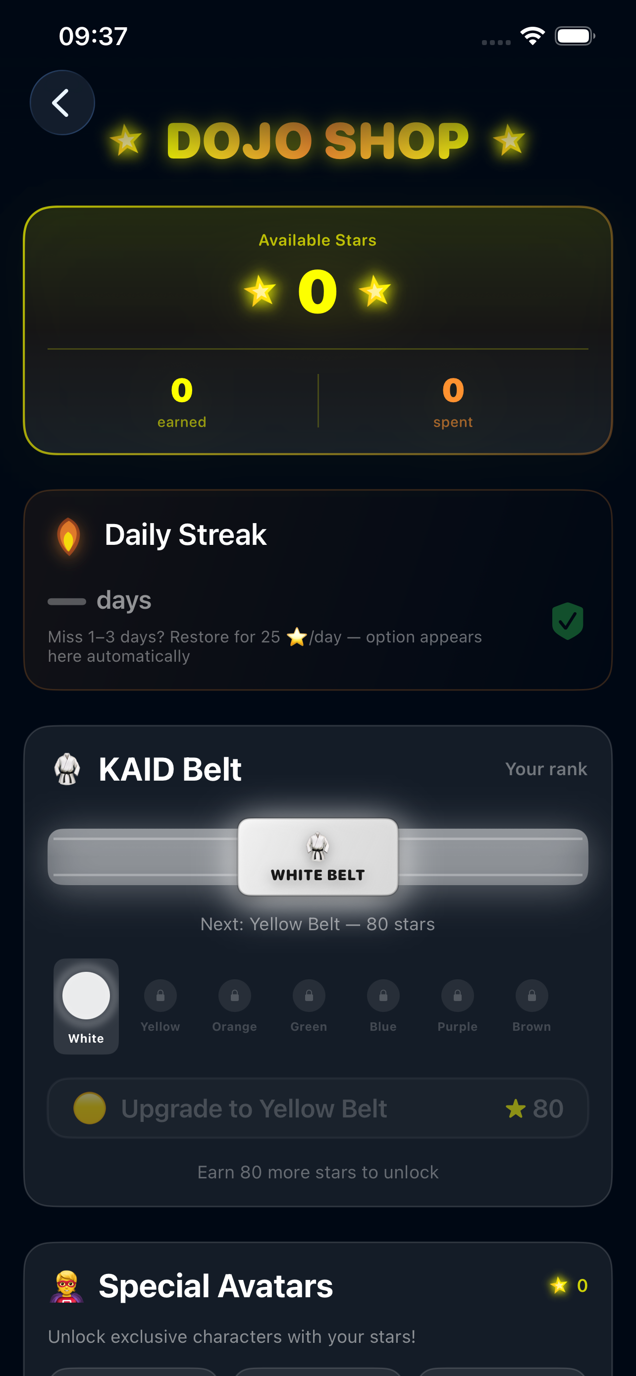 KAID — Dojo Shop with belts and avatars